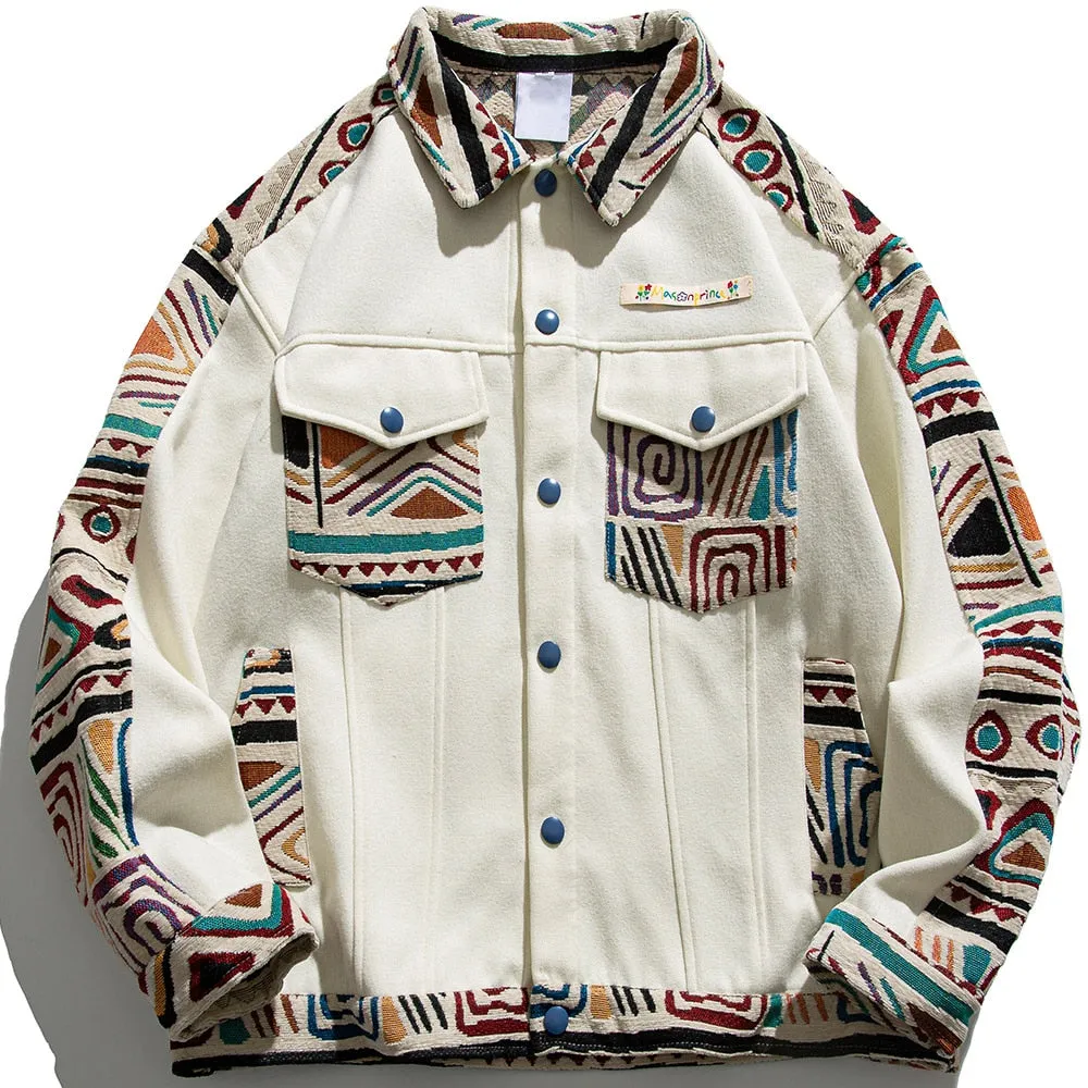 Folk Retro Patchwork Jacket Men Collar Coat Unisex Loose Casual Outwear