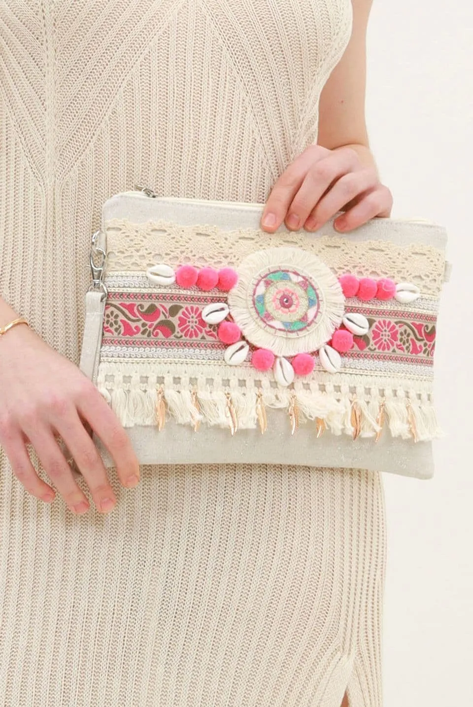 Fuchsia Boho Tassel Clutch Bag