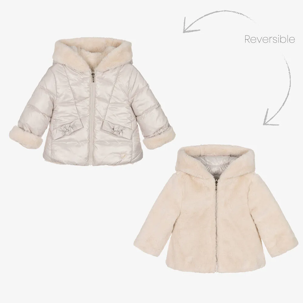 Girls Beige Reversible Faux Fur Coat