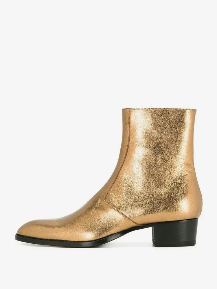 Gold Cowhide Men's Chelsea Ankle Boots with Round Toe