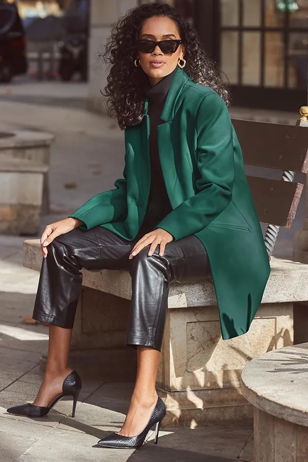 Green Faux Wool Notch Neck Coat - Search Engine Optimized: Green Faux Wool Coat with Notch Neck