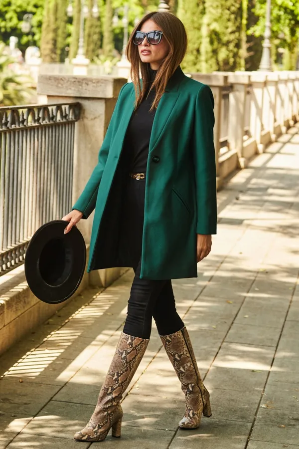 Green Faux Wool Notch Neck Coat - Search Engine Optimized: Green Faux Wool Coat with Notch Neck