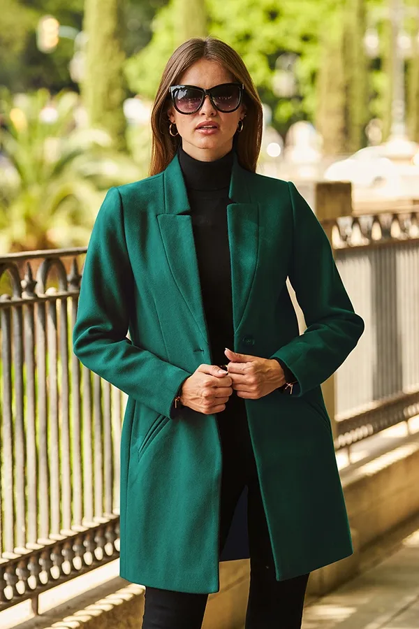 Green Faux Wool Notch Neck Coat - Search Engine Optimized: Green Faux Wool Coat with Notch Neck