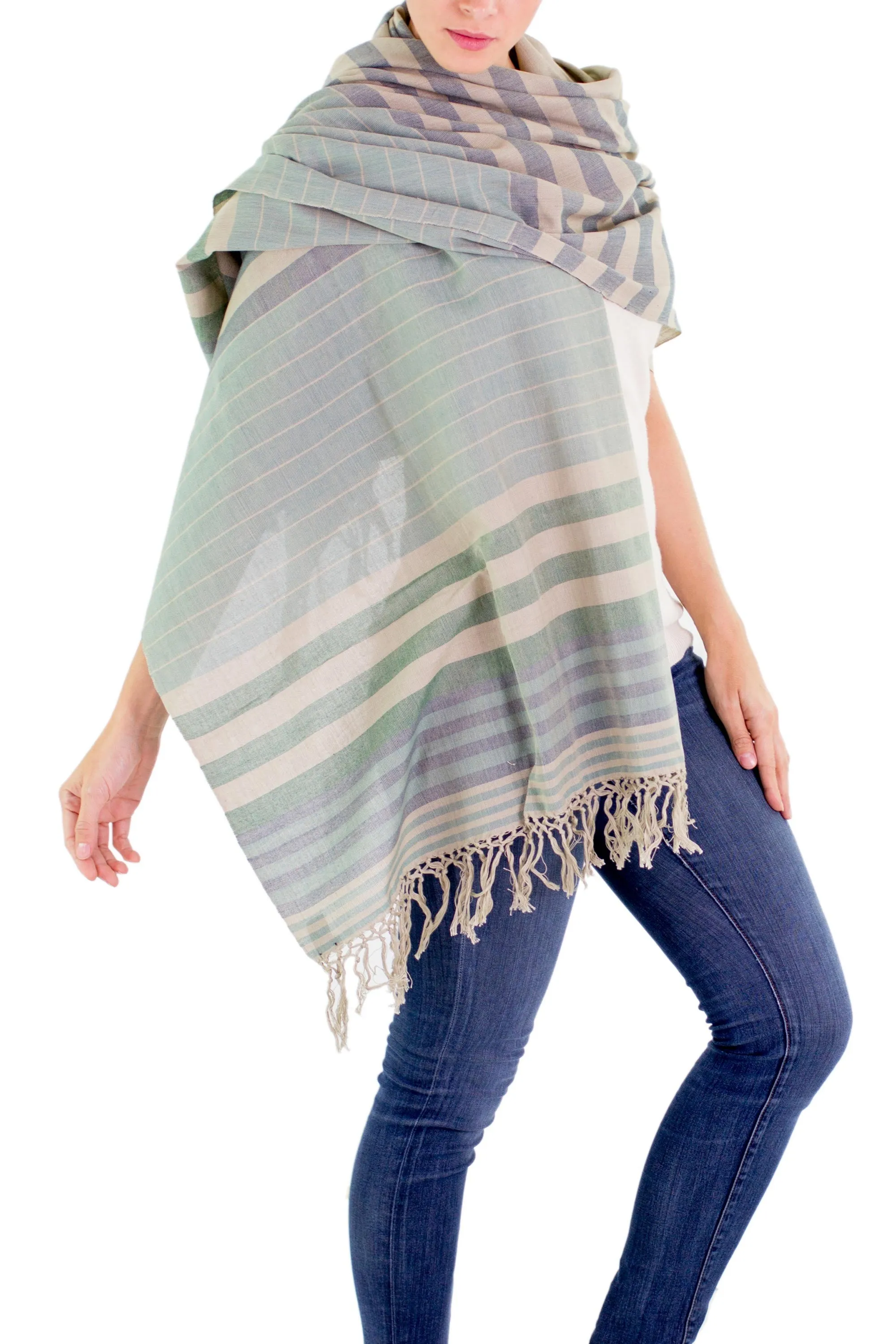 Handwoven Striped Cotton Shawl - Verdant Comalapa Breeze