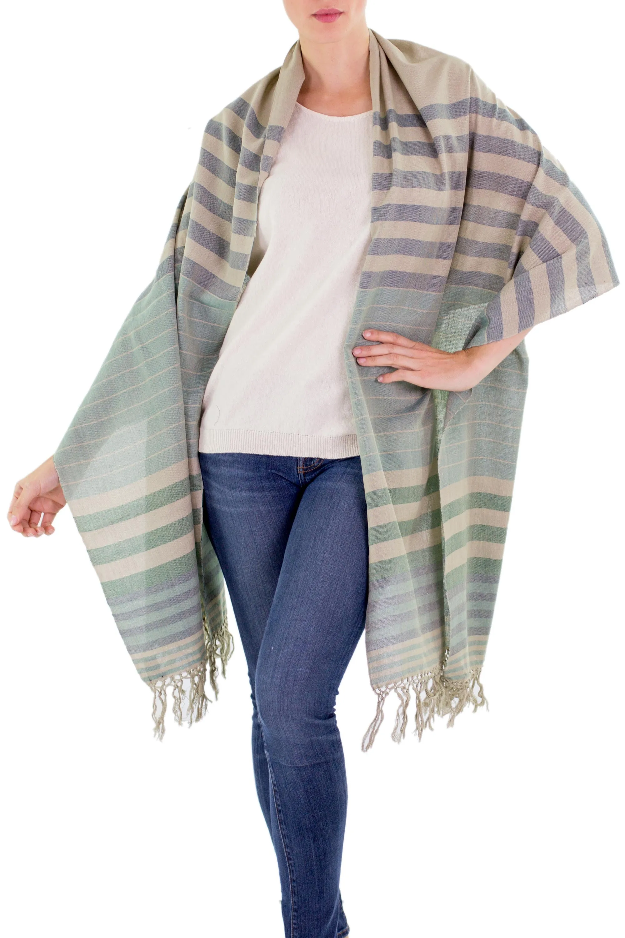 Handwoven Striped Cotton Shawl - Verdant Comalapa Breeze