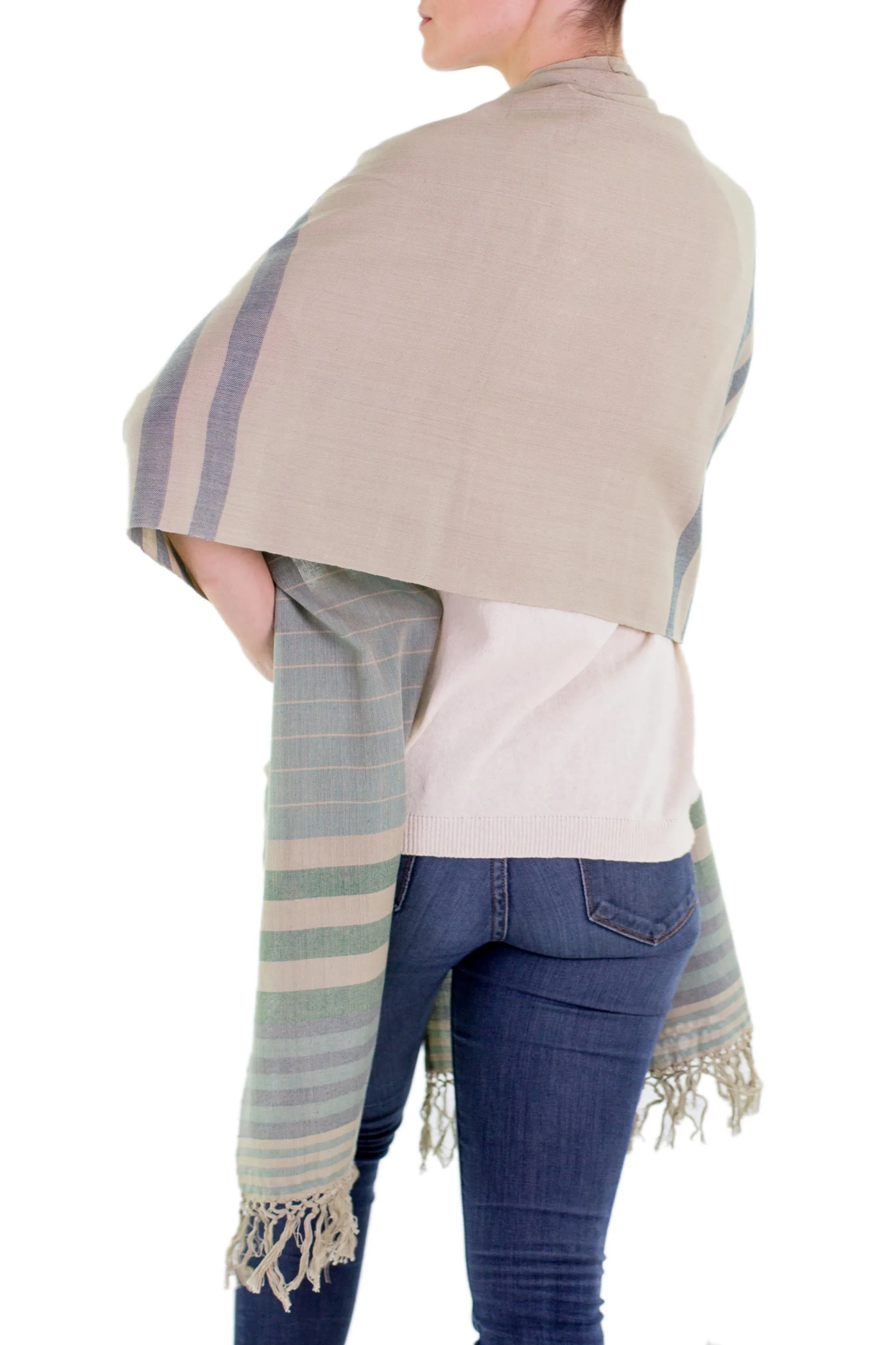 Handwoven Striped Cotton Shawl - Verdant Comalapa Breeze