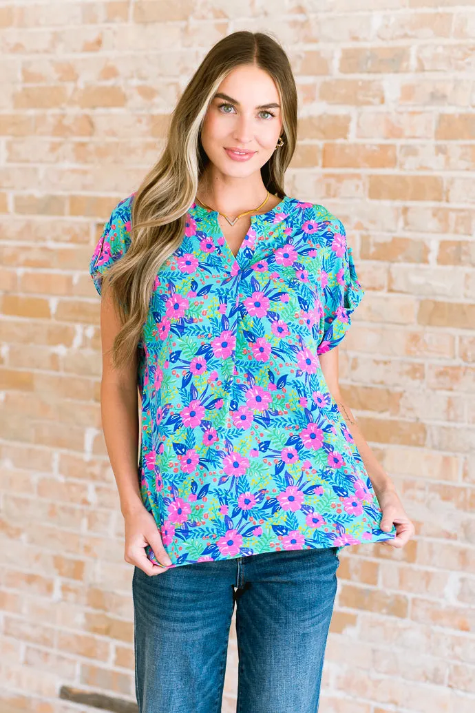 Lizzy Mint Lavender Floral Cap Sleeve Top