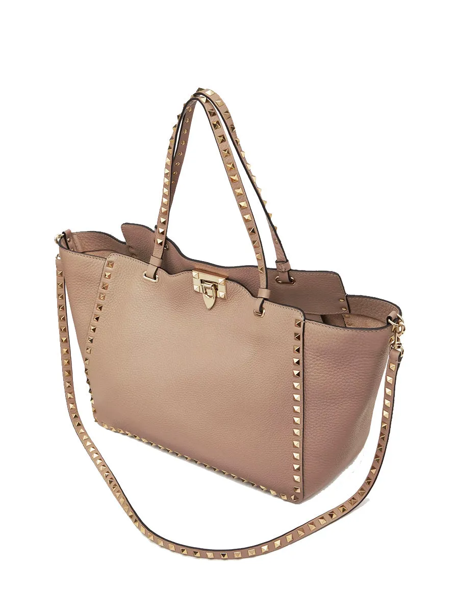 Medium Grainy Calfskin Rockstud Bag in Poudre