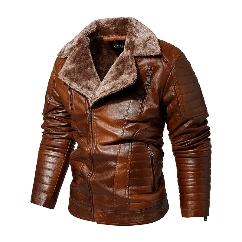 Thick Fur Collar Leather Jacket with Zipper Pockets for Men - Warm Windproof Outerwear