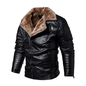 Thick Fur Collar Leather Jacket with Zipper Pockets for Men - Warm Windproof Outerwear