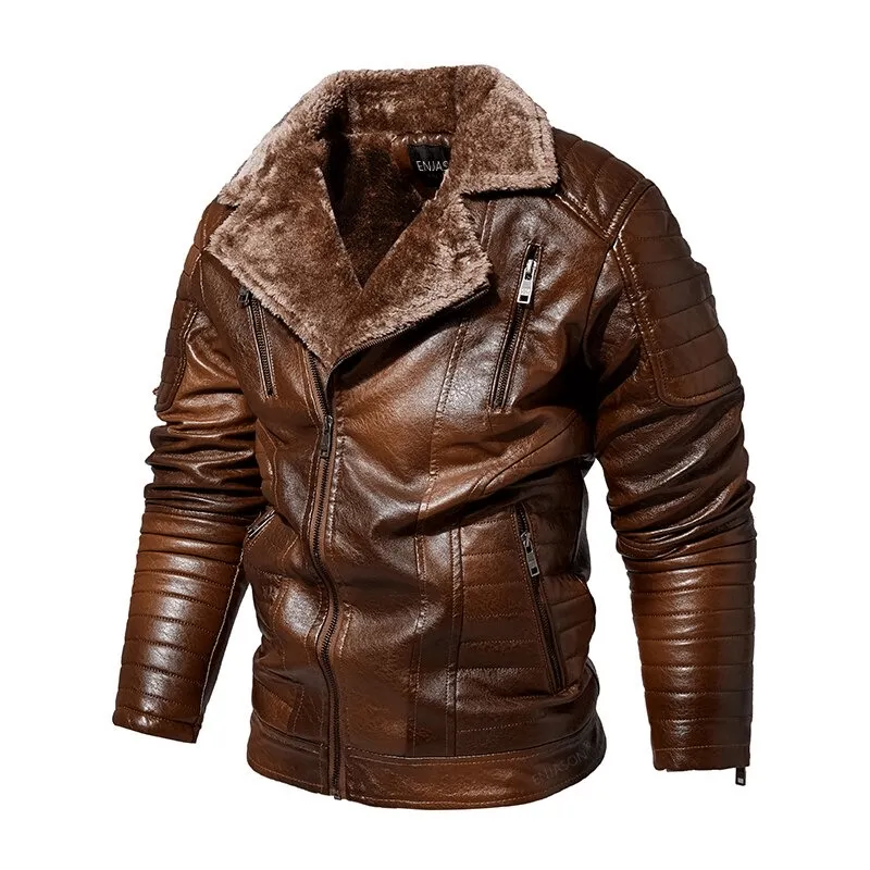 Thick Fur Collar Leather Jacket with Zipper Pockets for Men - Warm Windproof Outerwear