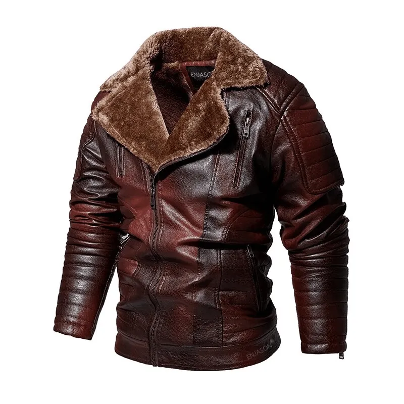 Thick Fur Collar Leather Jacket with Zipper Pockets for Men - Warm Windproof Outerwear