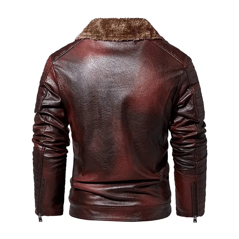 Thick Fur Collar Leather Jacket with Zipper Pockets for Men - Warm Windproof Outerwear