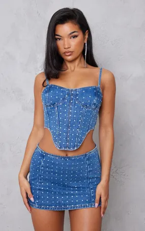 Mid Blue Wash Diamanté Detail Denim Mini Skirt
