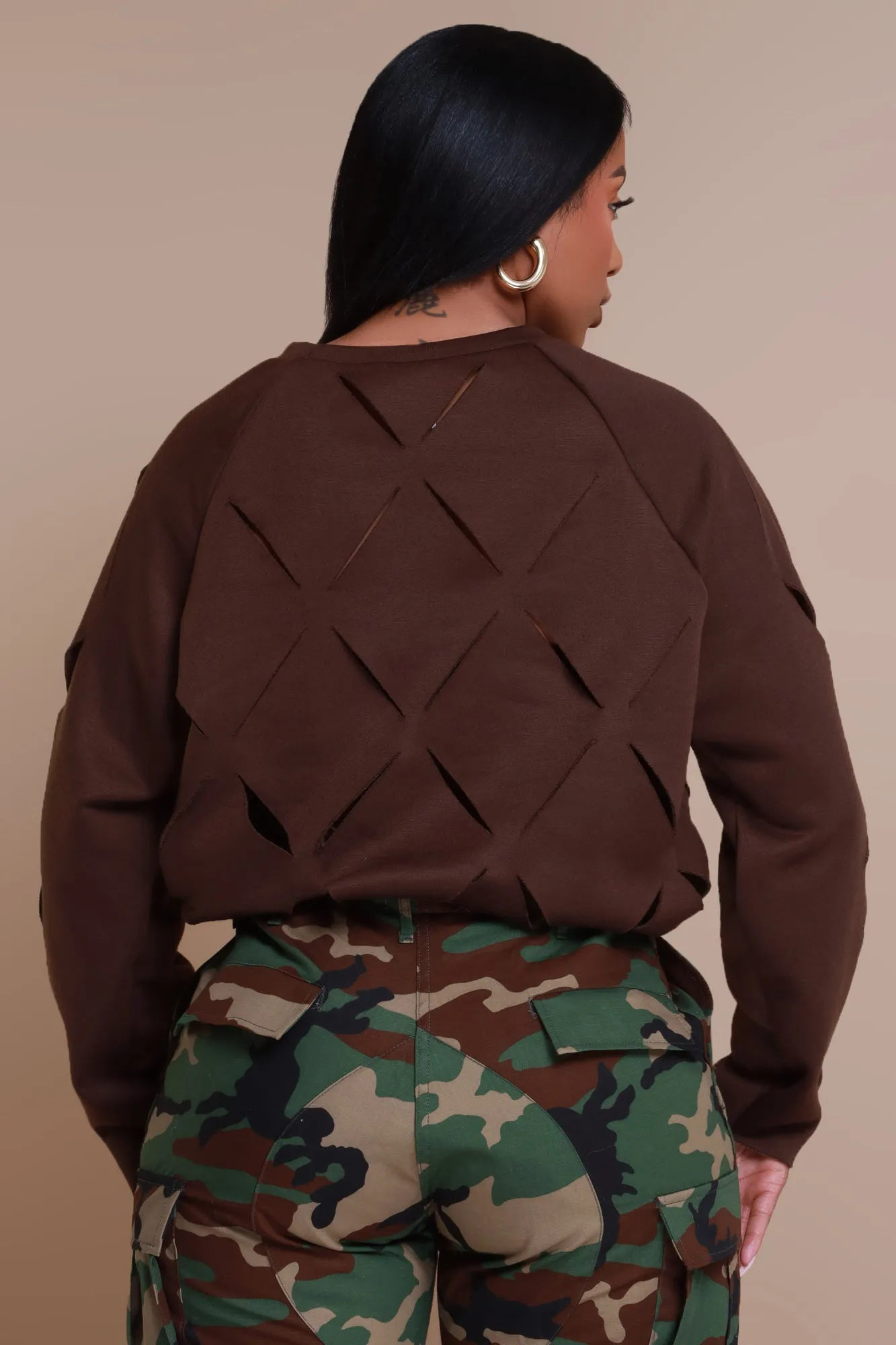 Oversized Cut Out Sweatshirt - Chocolate - Cross Me