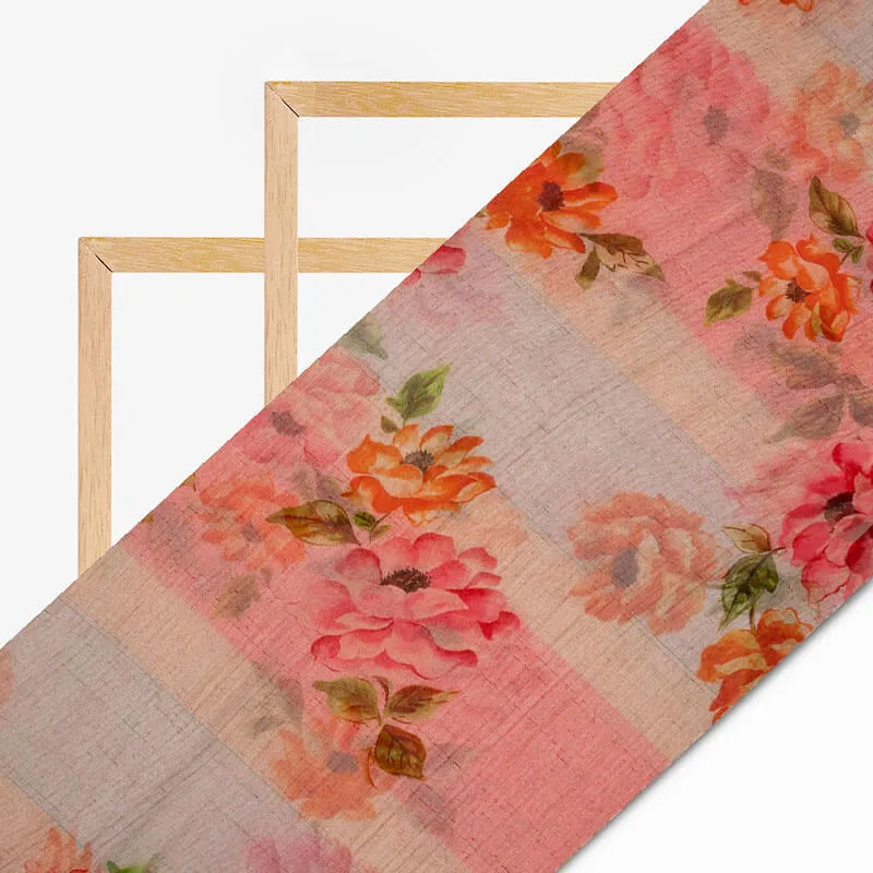 Pink Orange Floral Pattern Digital Print Bemberg Chiffon Fabric