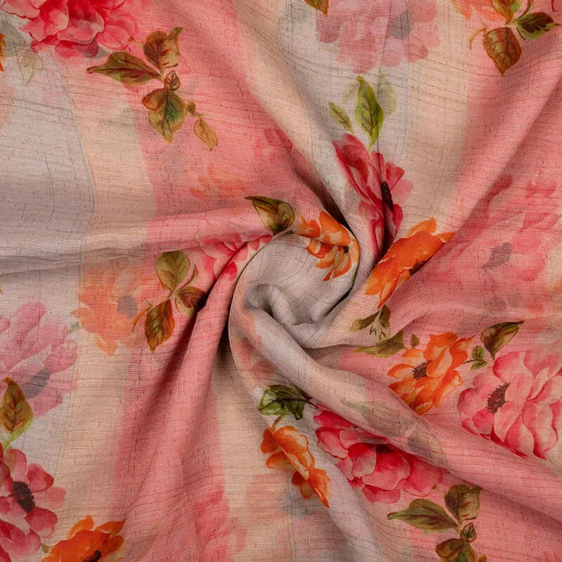 Pink Orange Floral Pattern Digital Print Bemberg Chiffon Fabric