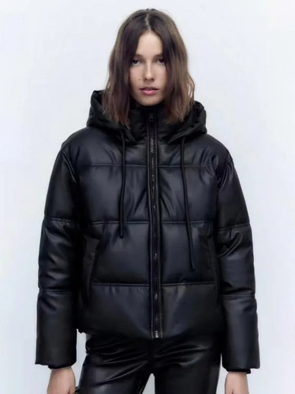 Puffer Jacket with Stand Collar, Hood, Zip Closure, and Slant Pockets for Women Outerwear