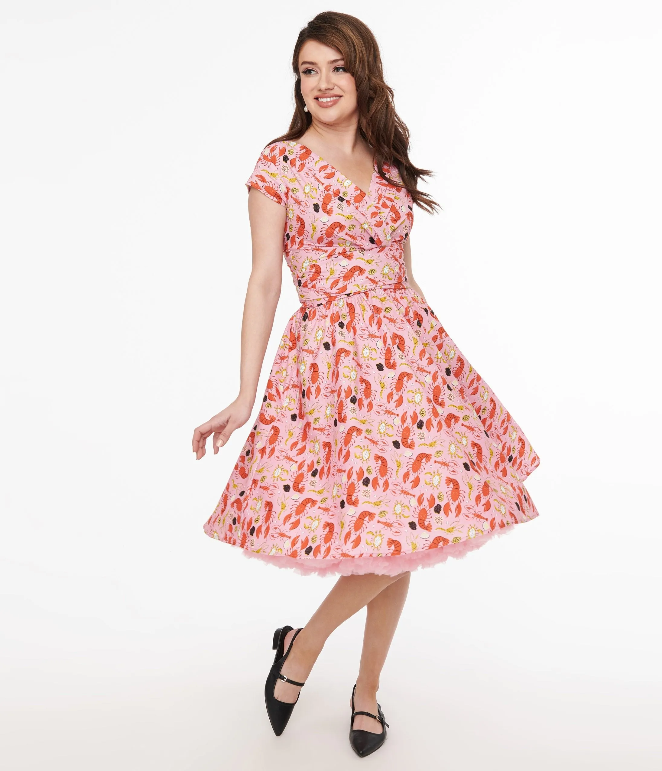 Retrolicious Pink & Red Lobster Print Cotton Greta Swing Dress from the 1950s