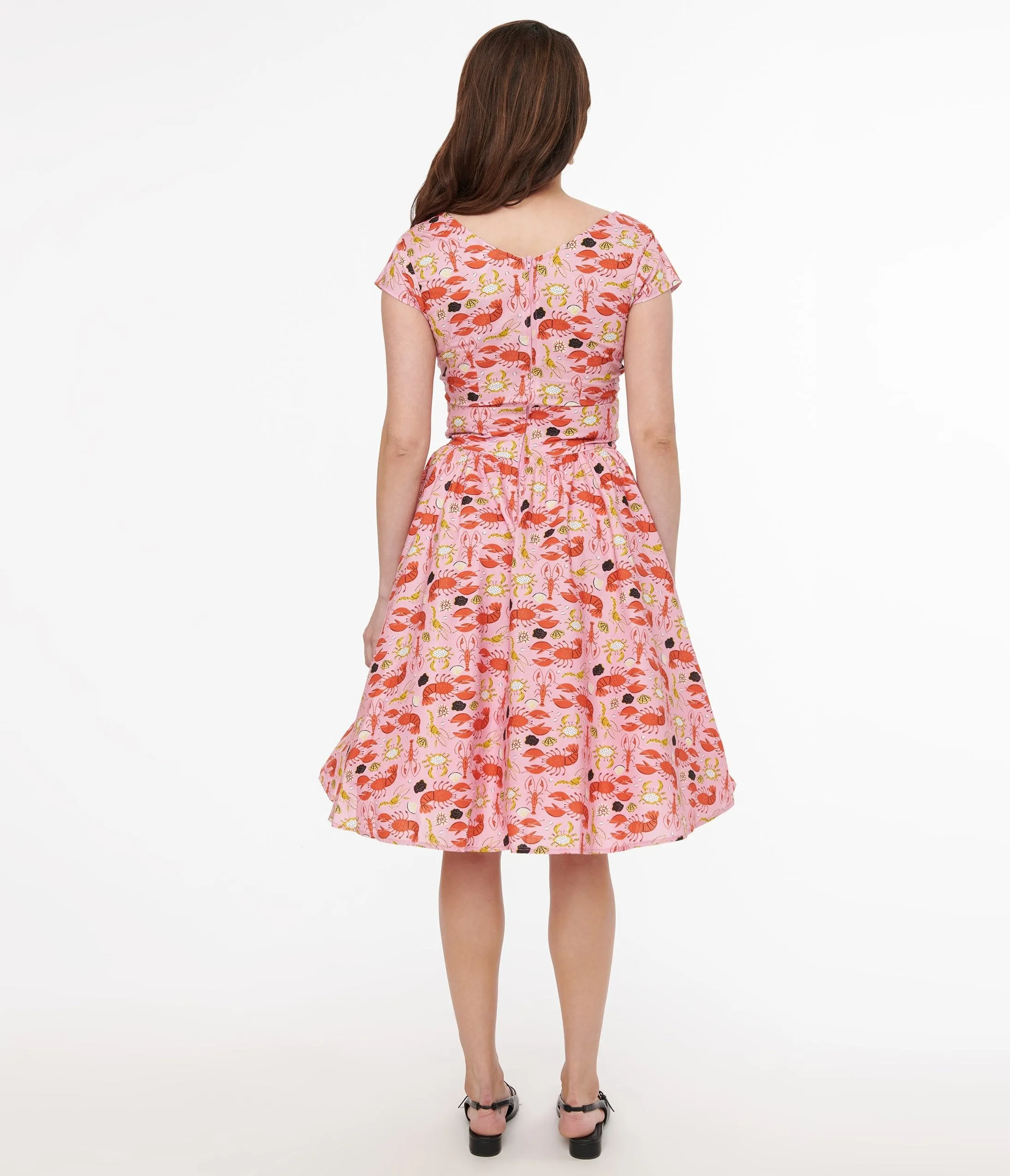 Retrolicious Pink & Red Lobster Print Cotton Greta Swing Dress from the 1950s