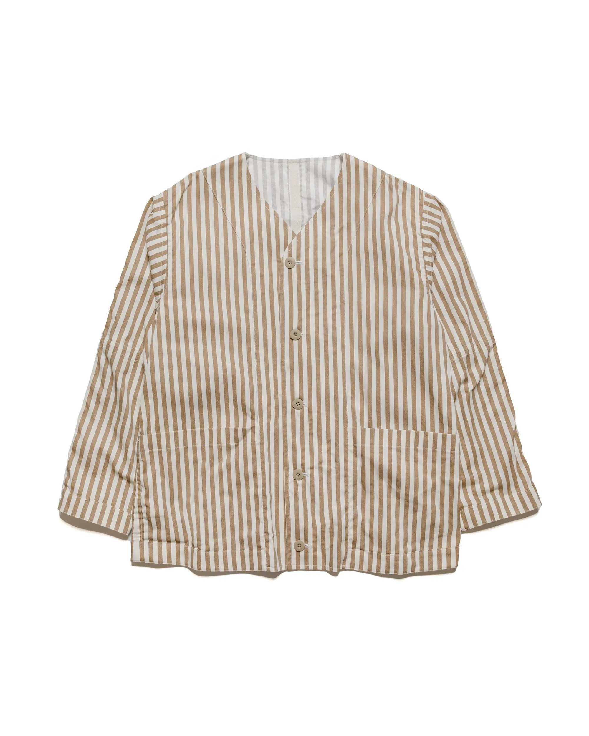 Reversible Jacket with Collarless Block Stripe Print - Brown Cotton Twill Cloth