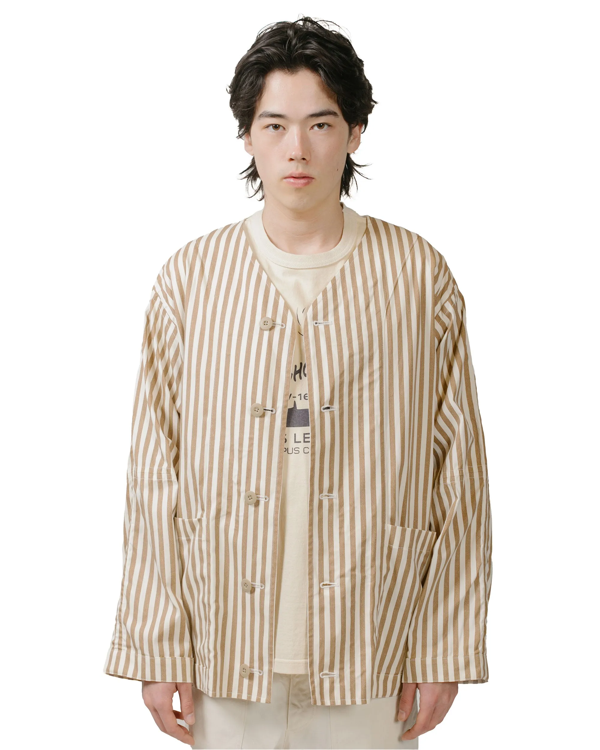 Reversible Jacket with Collarless Block Stripe Print - Brown Cotton Twill Cloth