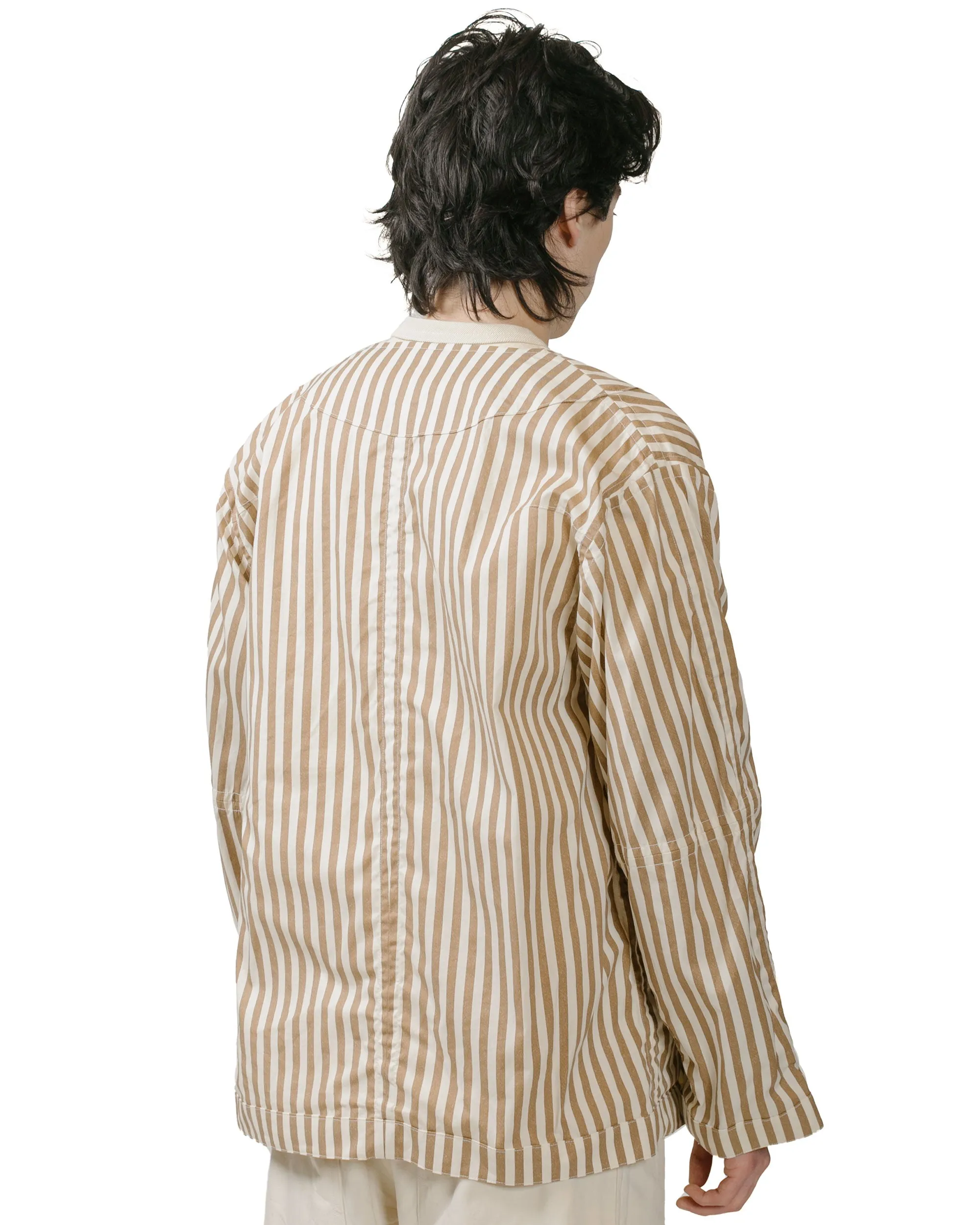 Reversible Jacket with Collarless Block Stripe Print - Brown Cotton Twill Cloth