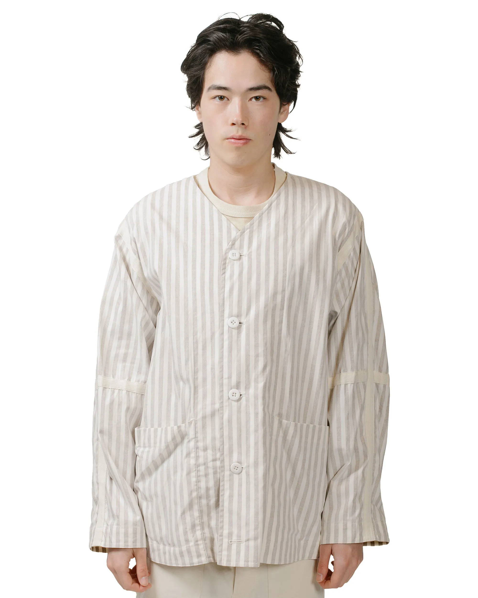 Reversible Jacket with Collarless Block Stripe Print - Brown Cotton Twill Cloth