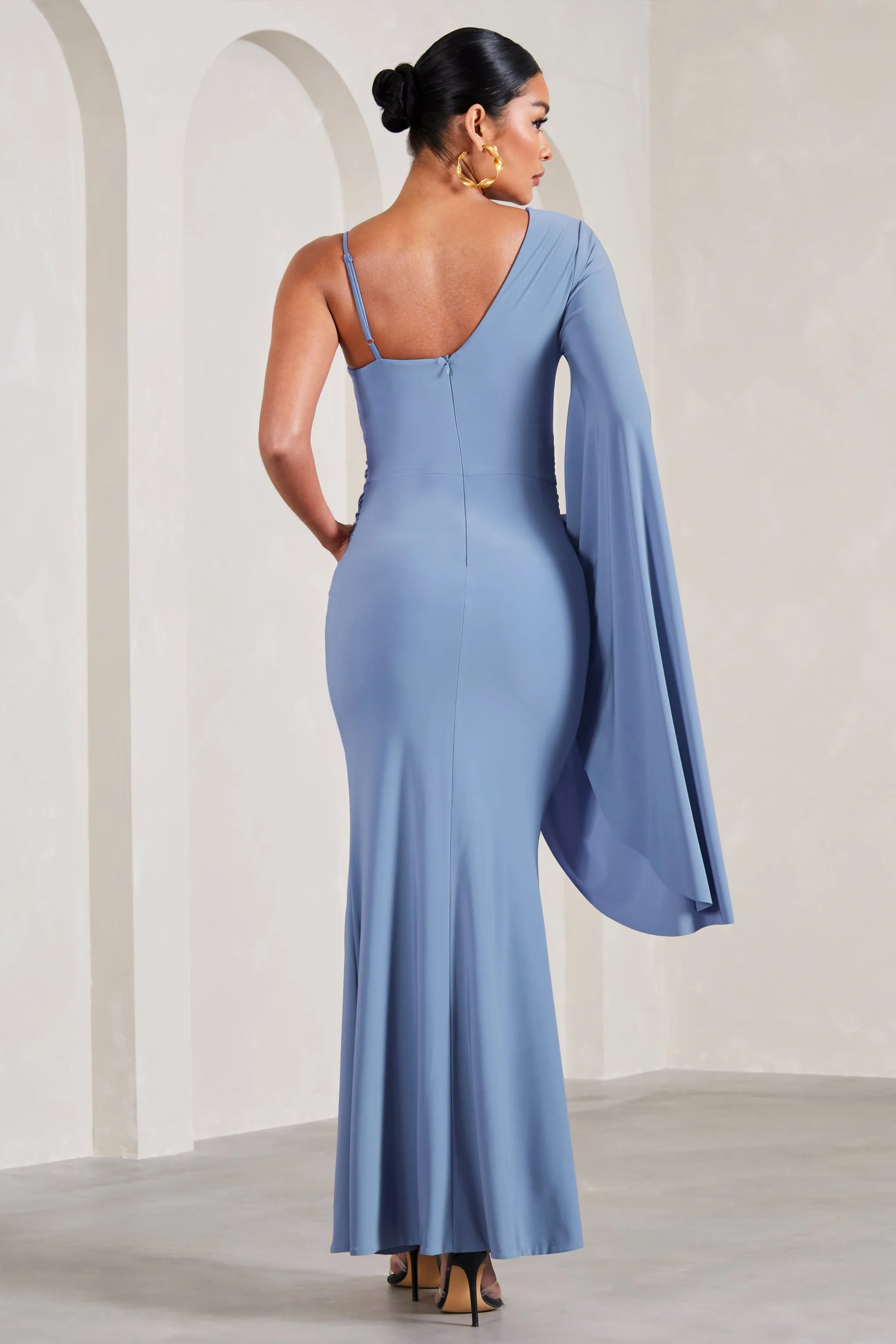 Rhea Cornflower Blue V-neck Split Maternity Maxi Dress with Cape Sleeve