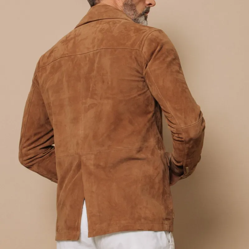 Soft Suede Lapel Jacket for Men with Multi-pocket Design and Single Breasted Closure