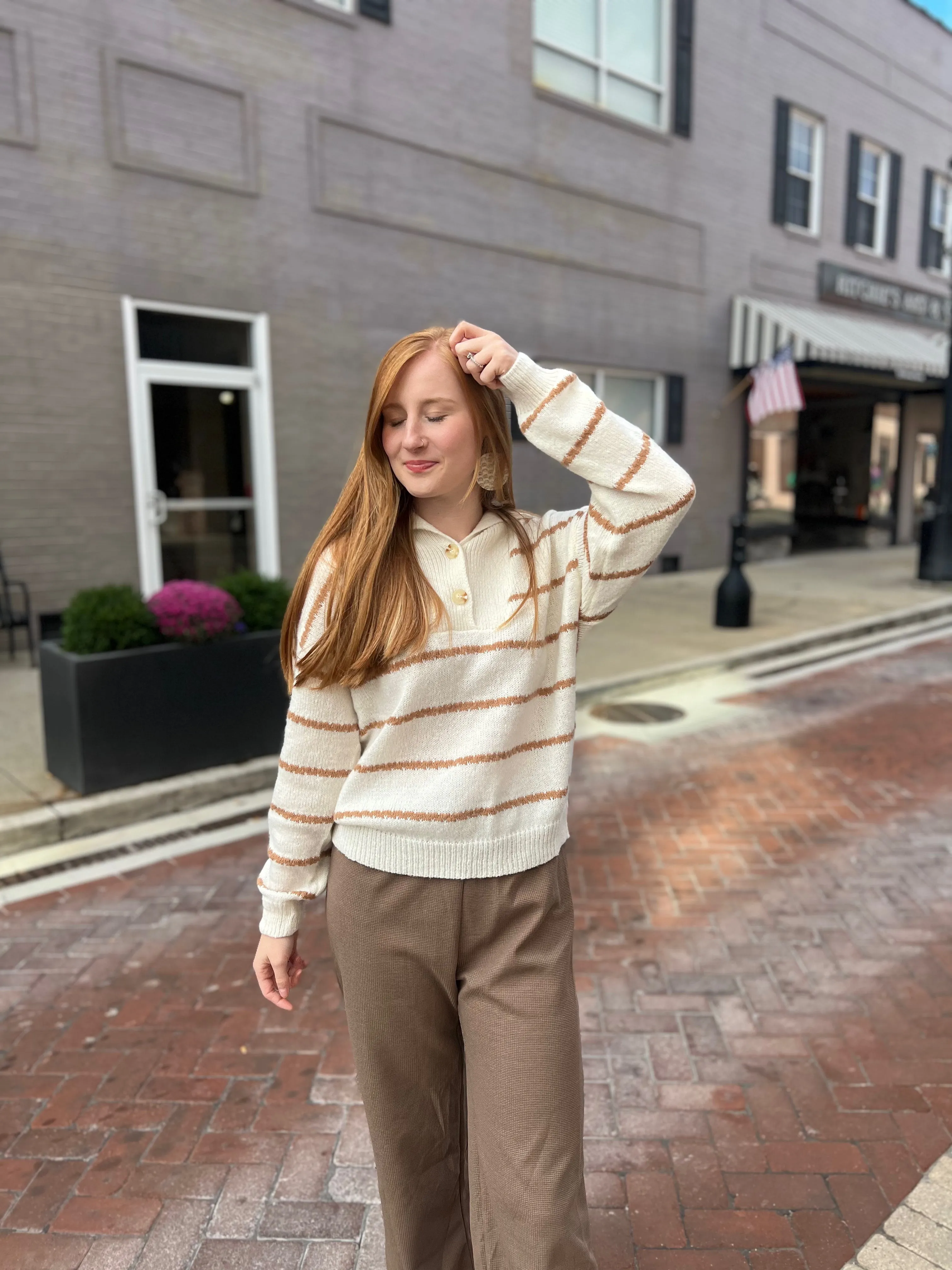 Striped Shawl Collar Knit Sweater in Ivory and Camel Brown