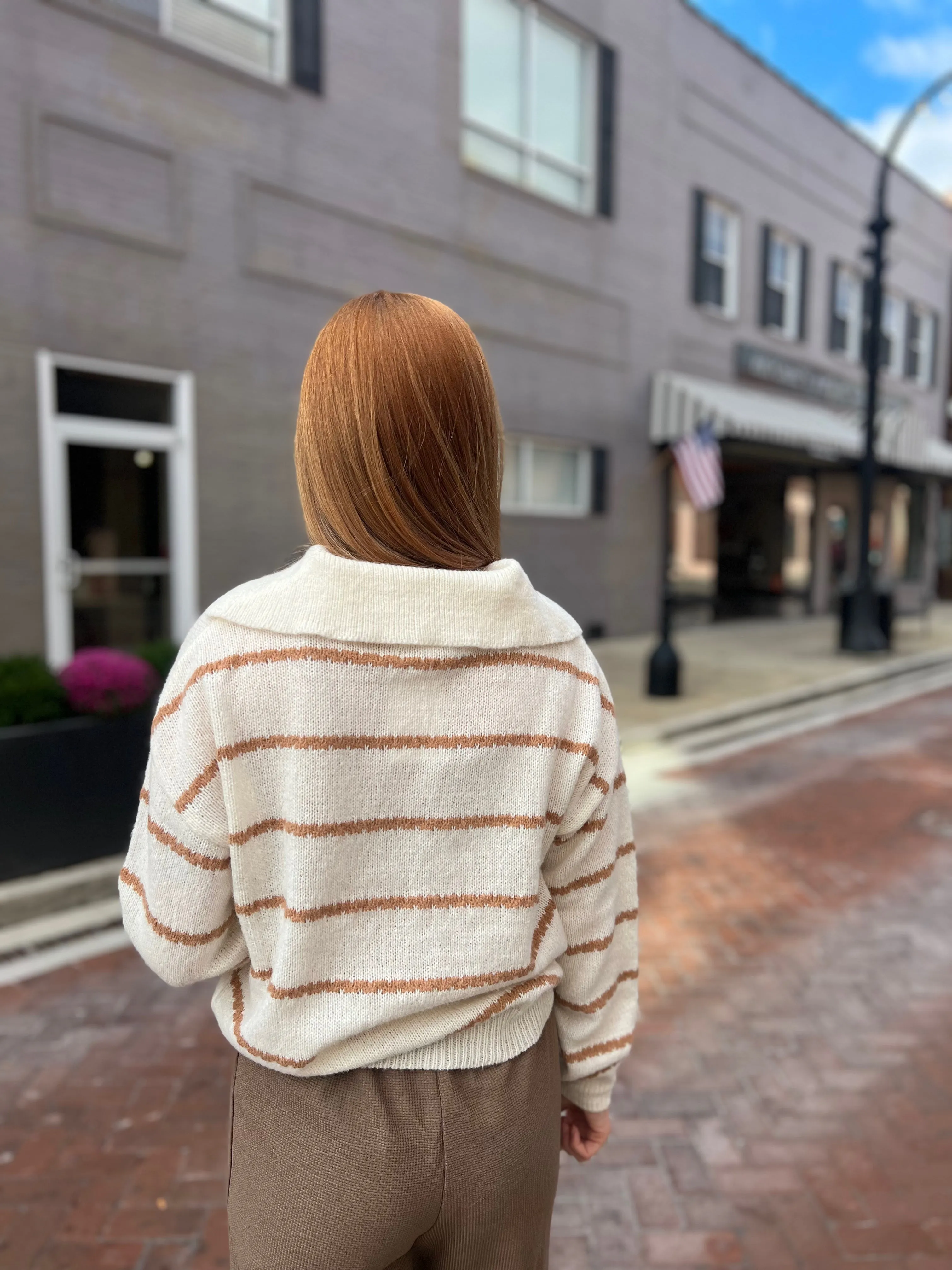 Striped Shawl Collar Knit Sweater in Ivory and Camel Brown