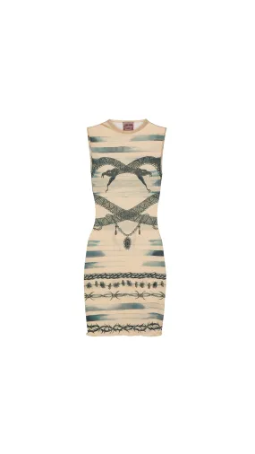 Beige Tattoo Snake Printed Mesh Dress