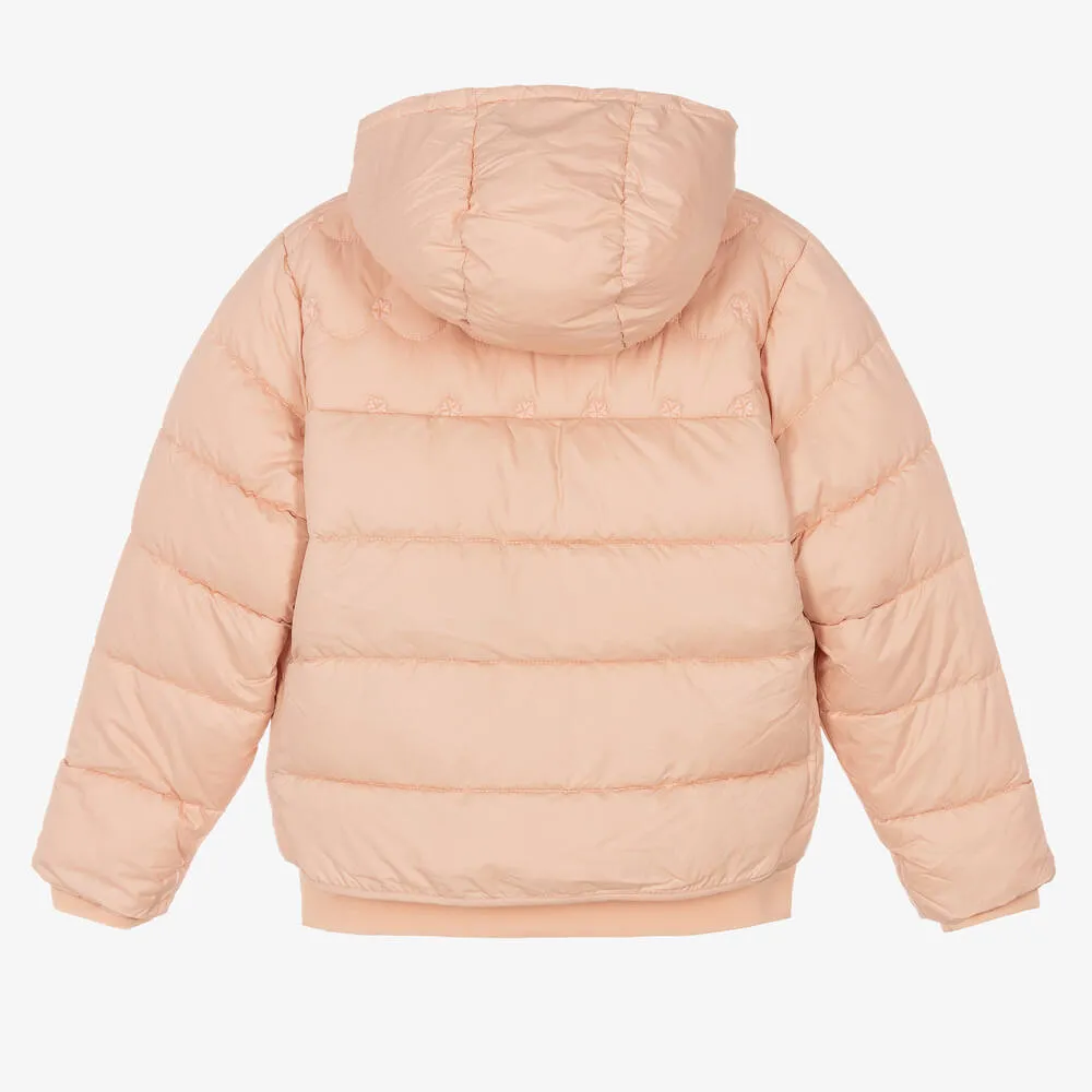 Teen Girls Pink Puffer Jacket with Embroidery