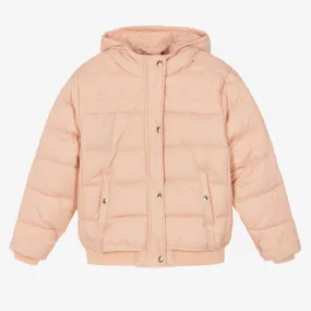 Teen Girls Pink Puffer Jacket with Embroidery