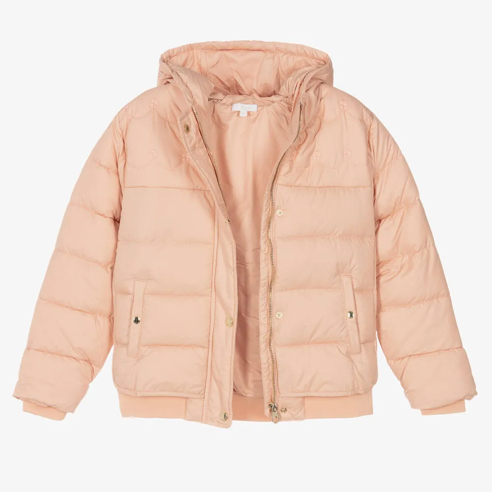 Teen Girls Pink Puffer Jacket with Embroidery