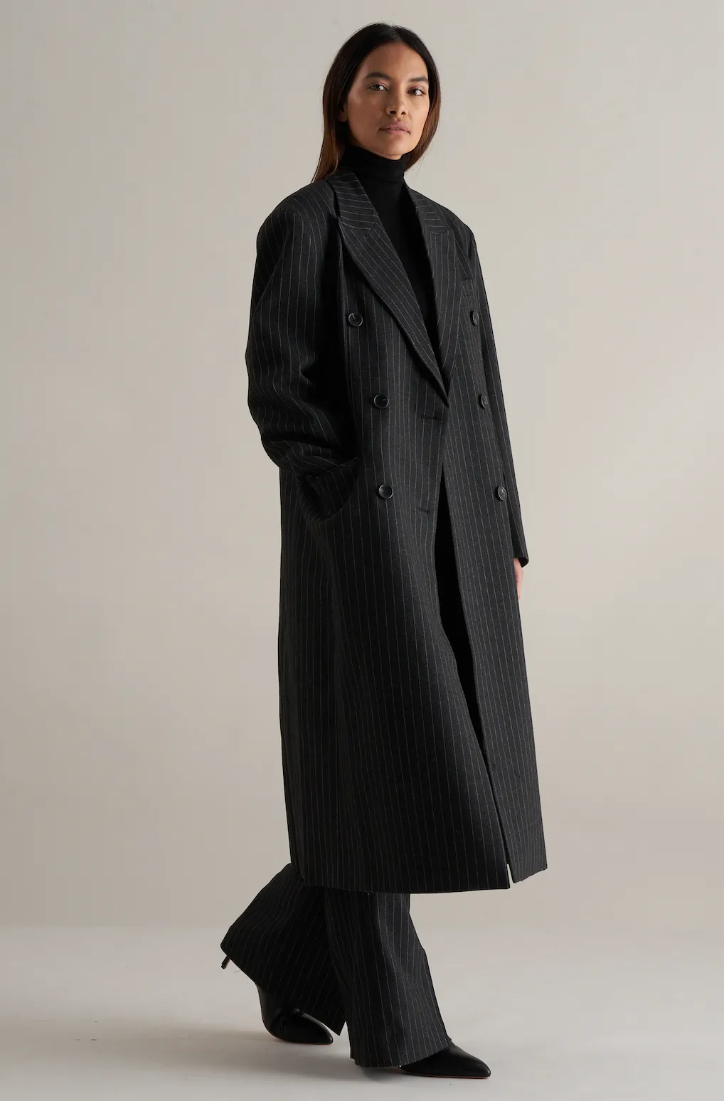 Tobi Wool Pinstripe Double Breasted Overcoat