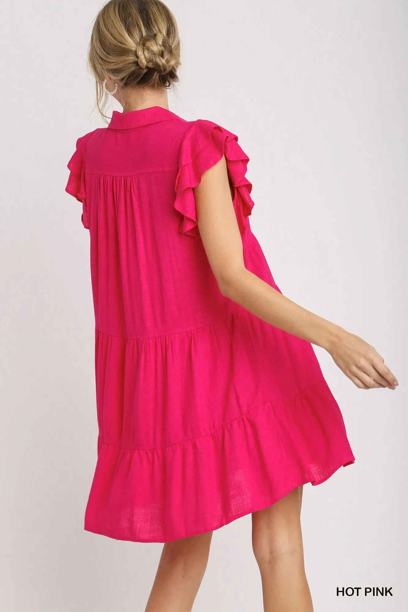 Umgee Linen Blend Dress with Ruffle Sleeves