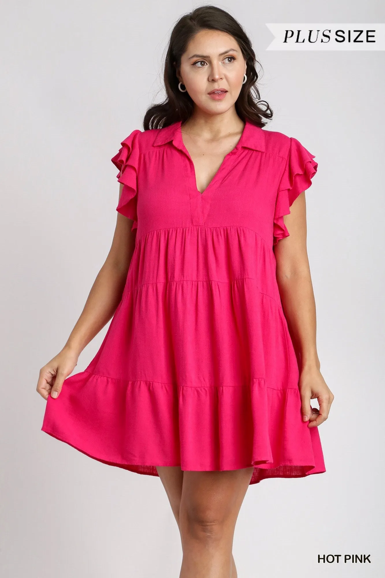 Umgee Linen Blend Dress with Ruffle Sleeves