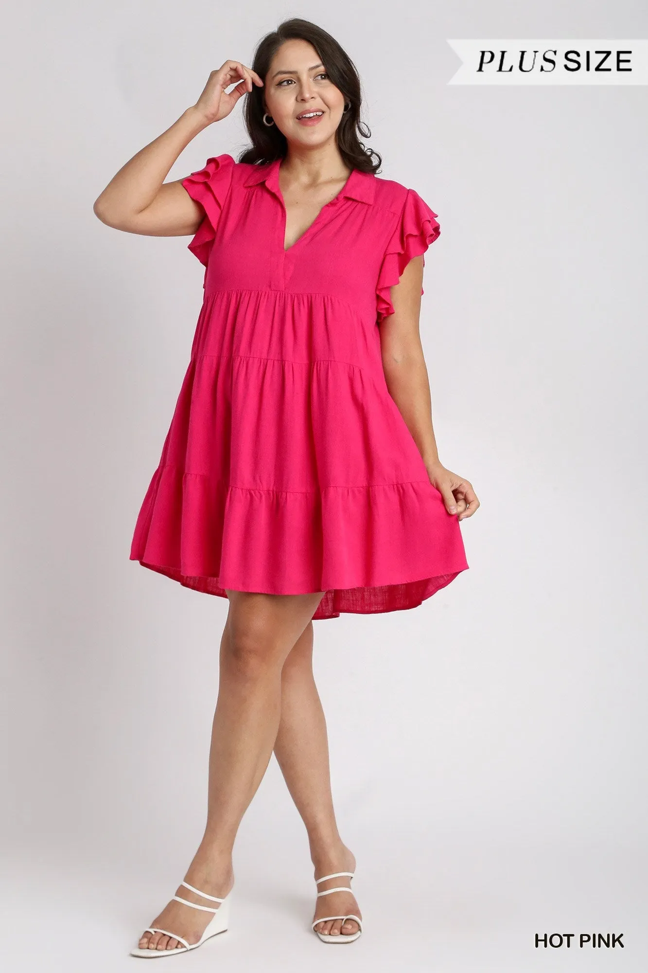 Umgee Linen Blend Dress with Ruffle Sleeves