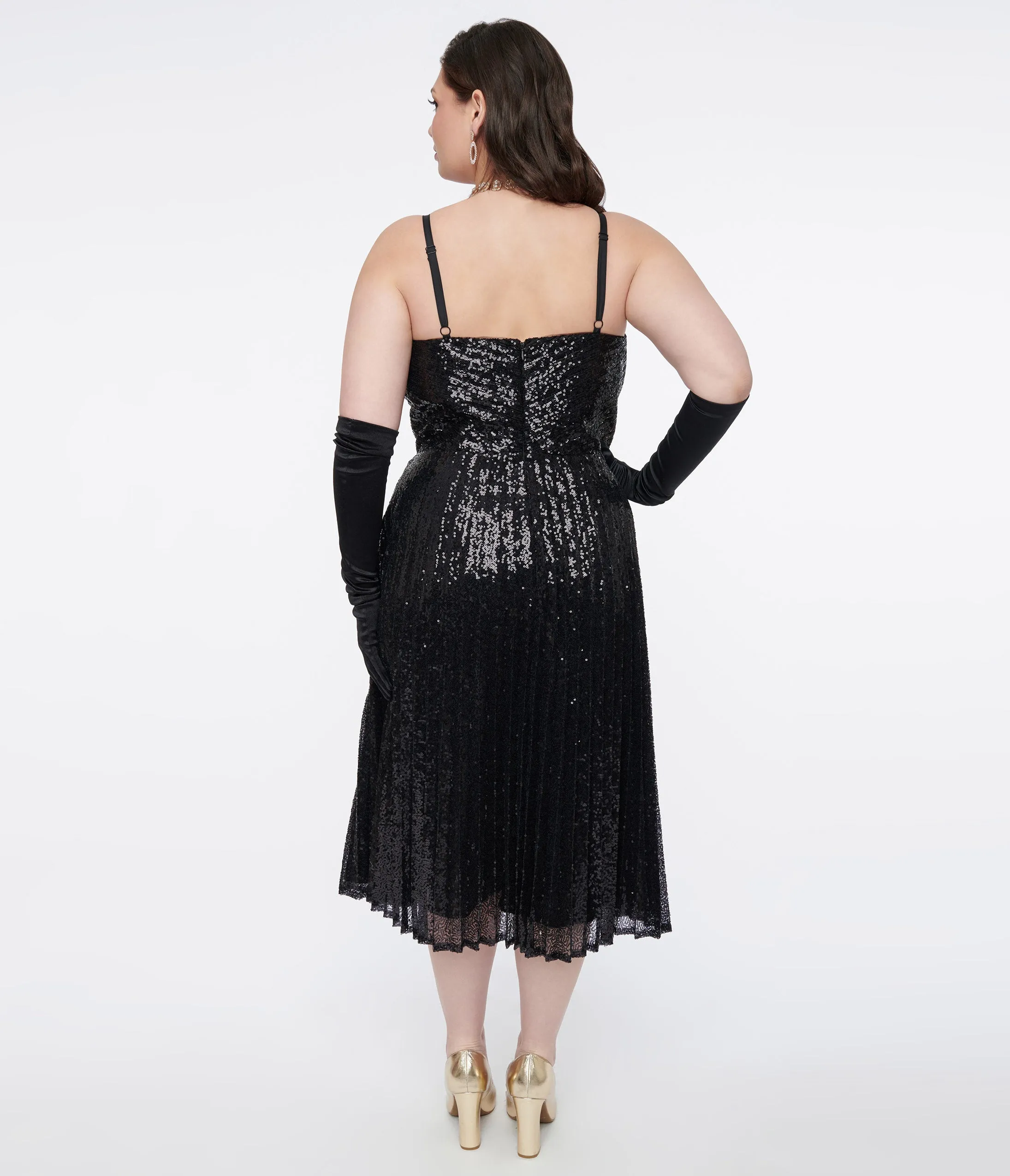 Plus Size 1950s Black Pleated Sequin Swing Dress at Unique Vintage