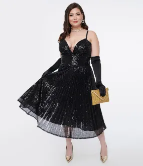 Plus Size 1950s Black Pleated Sequin Swing Dress at Unique Vintage