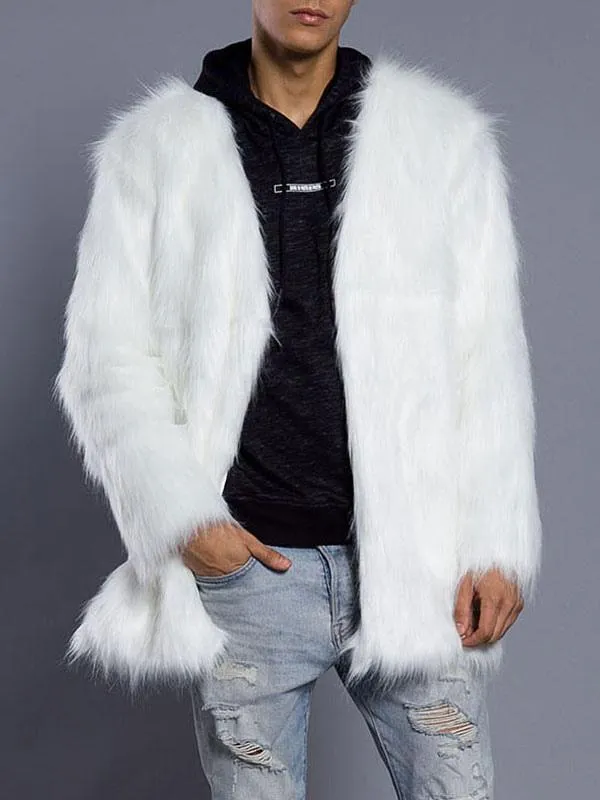 Men's White V Neck Faux Fur Long Coat with Regular Fit and Long Sleeve