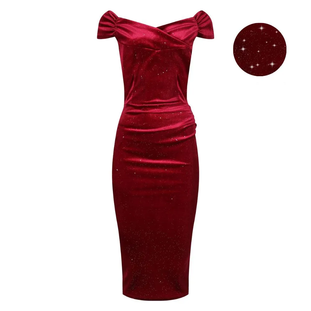 Wine Red Velour Sparkle Cap Sleeve Bardot Wiggle Dress