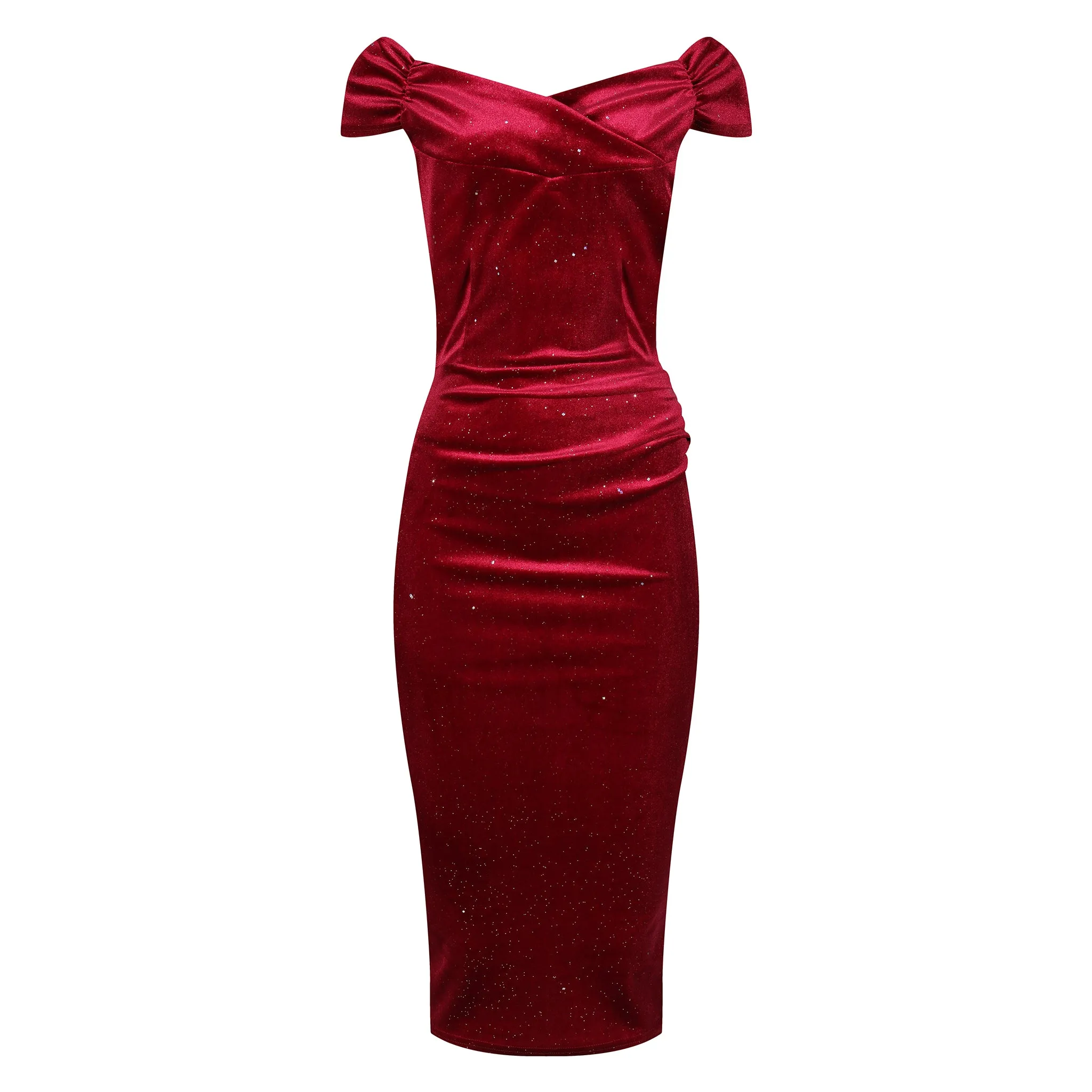 Wine Red Velour Sparkle Cap Sleeve Bardot Wiggle Dress