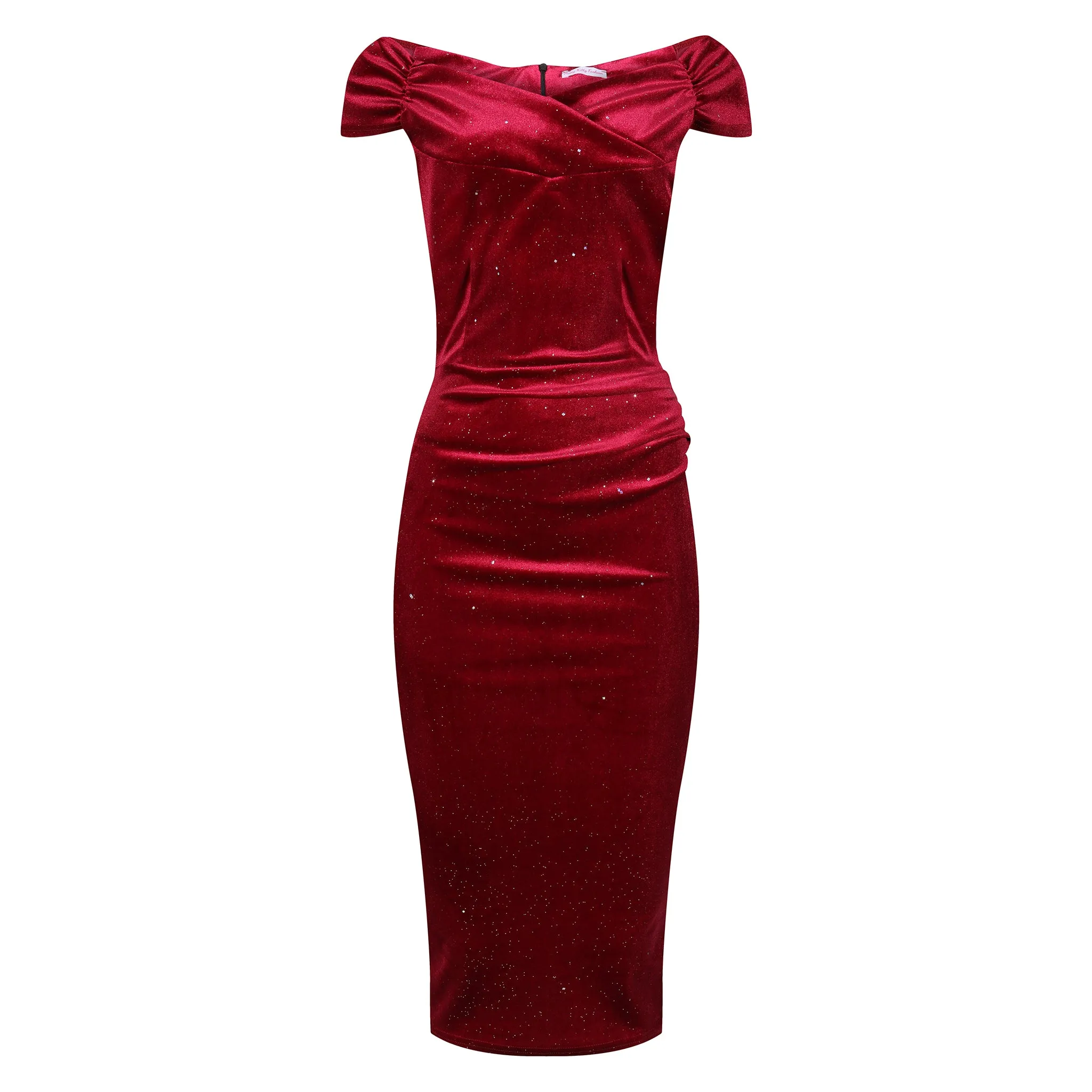 Wine Red Velour Sparkle Cap Sleeve Bardot Wiggle Dress