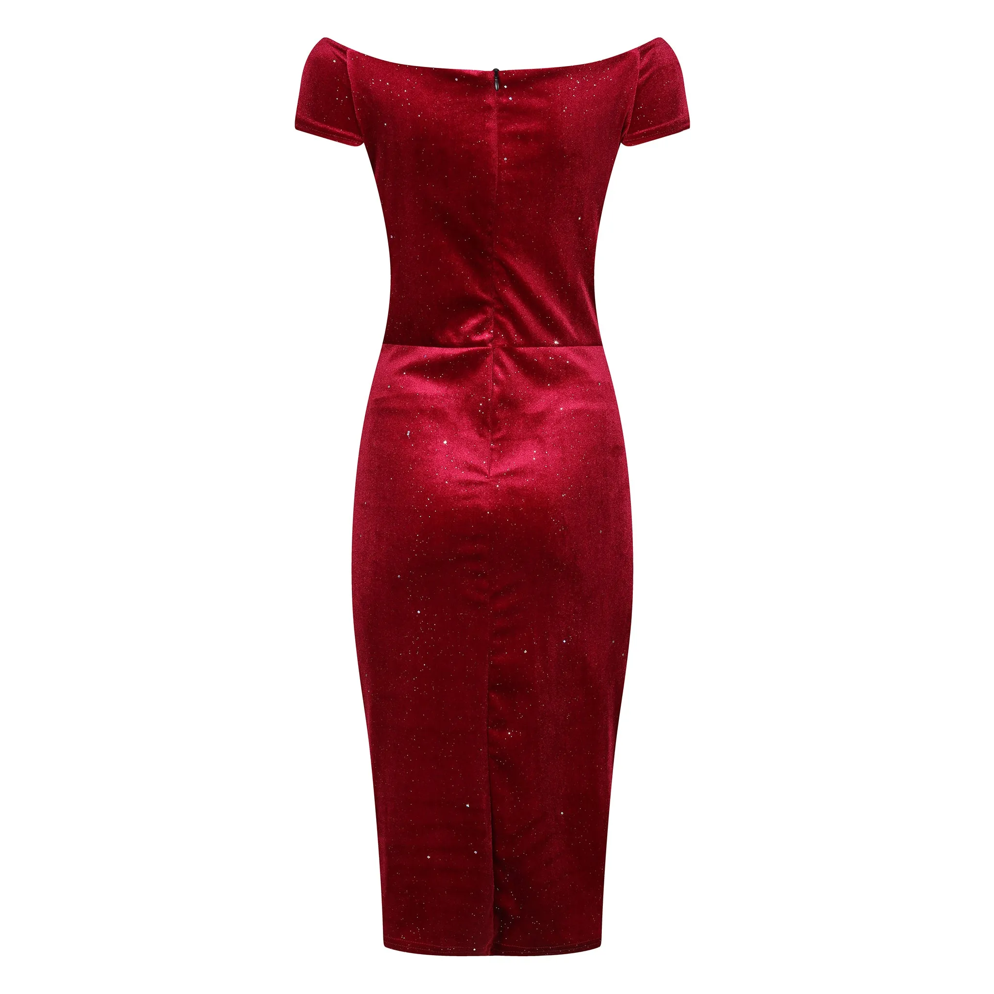 Wine Red Velour Sparkle Cap Sleeve Bardot Wiggle Dress