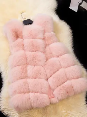 Pink Sleeveless Women's Faux Fur Coat - Layered Eco-Friendly Fur Coat