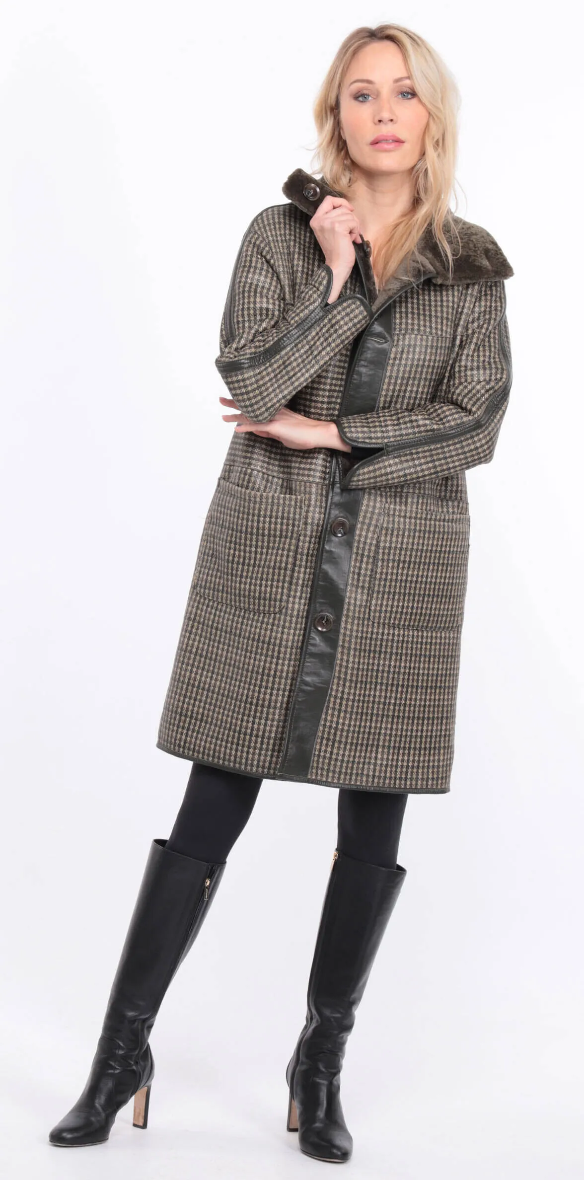 Reversible women's khaki sheepskin coat.