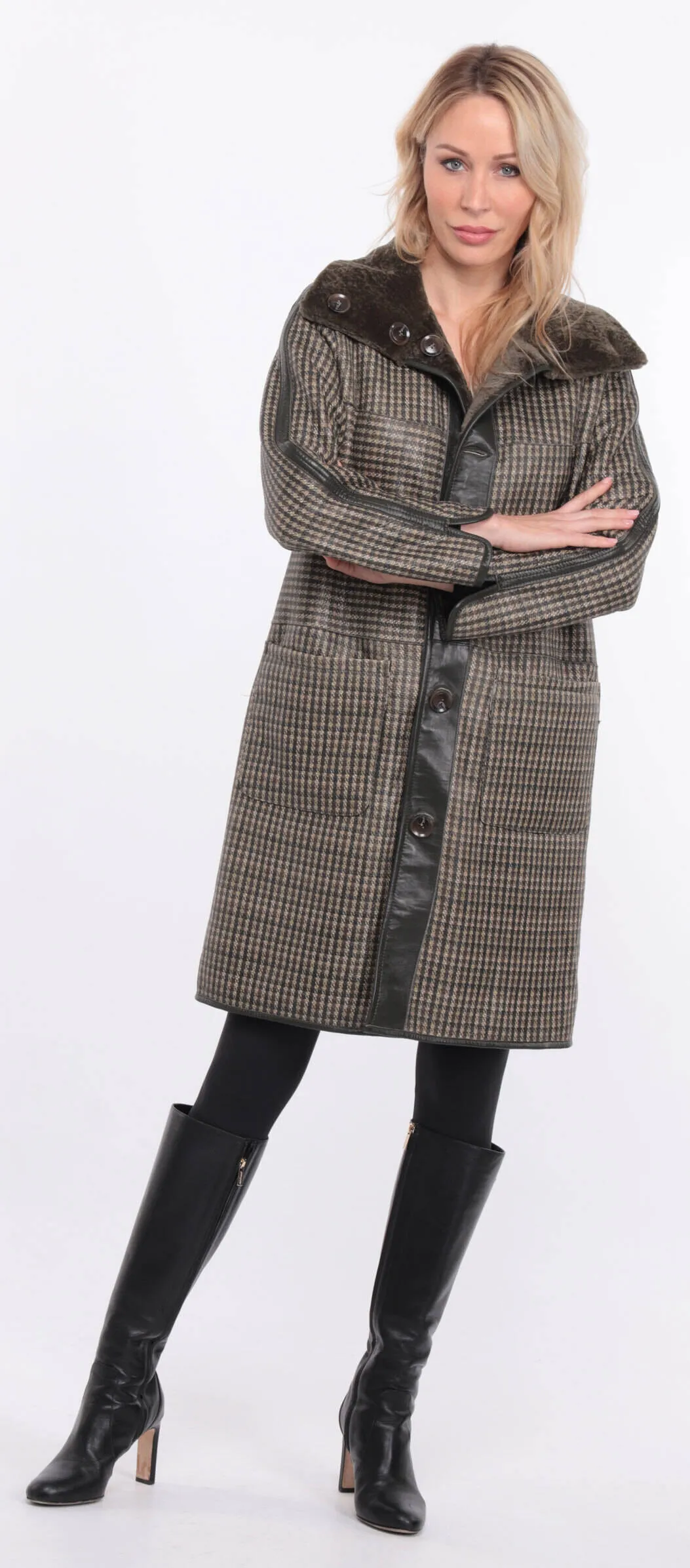 Reversible women's khaki sheepskin coat.